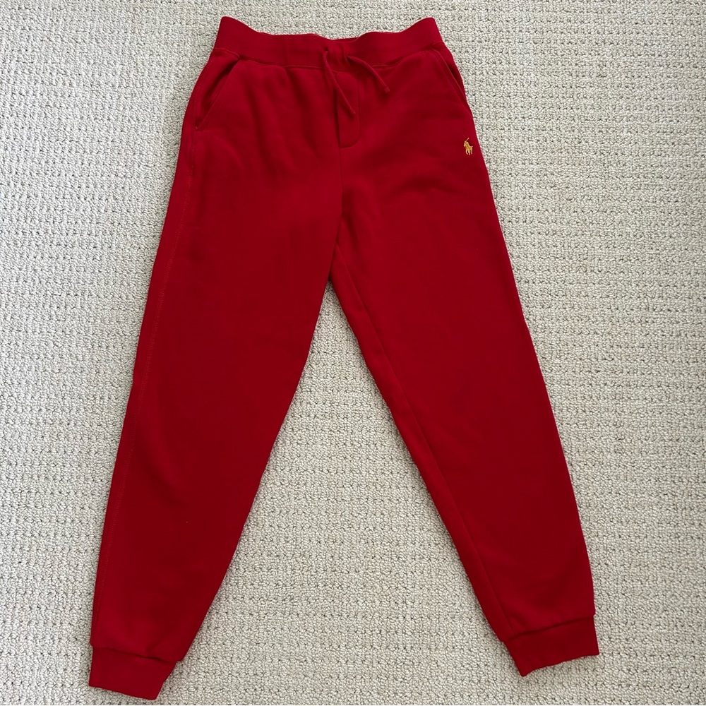 Polo Ralph Lauren Youth Red Sweats with Plaid Pocket and Gold Polo Emblem